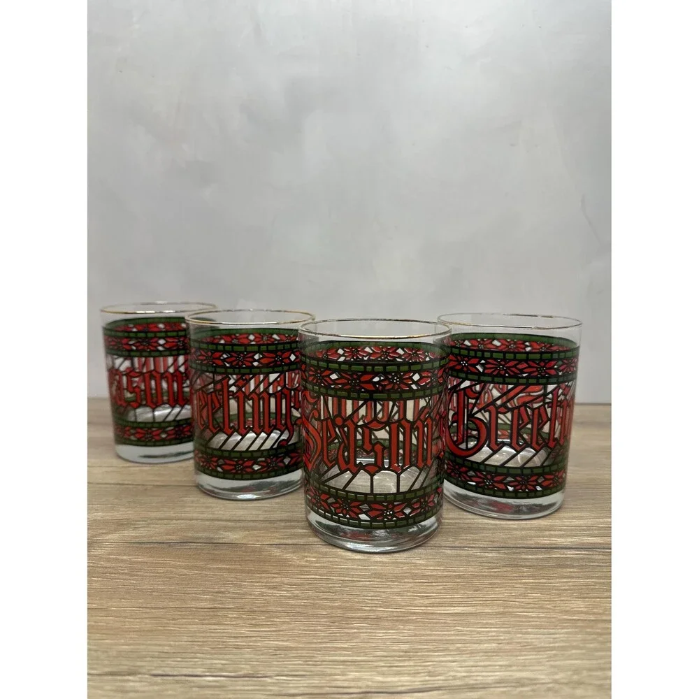 VTG 1970s Houze Seasons Greetings Lowball Glass Stained Glass Pattern Set of 4